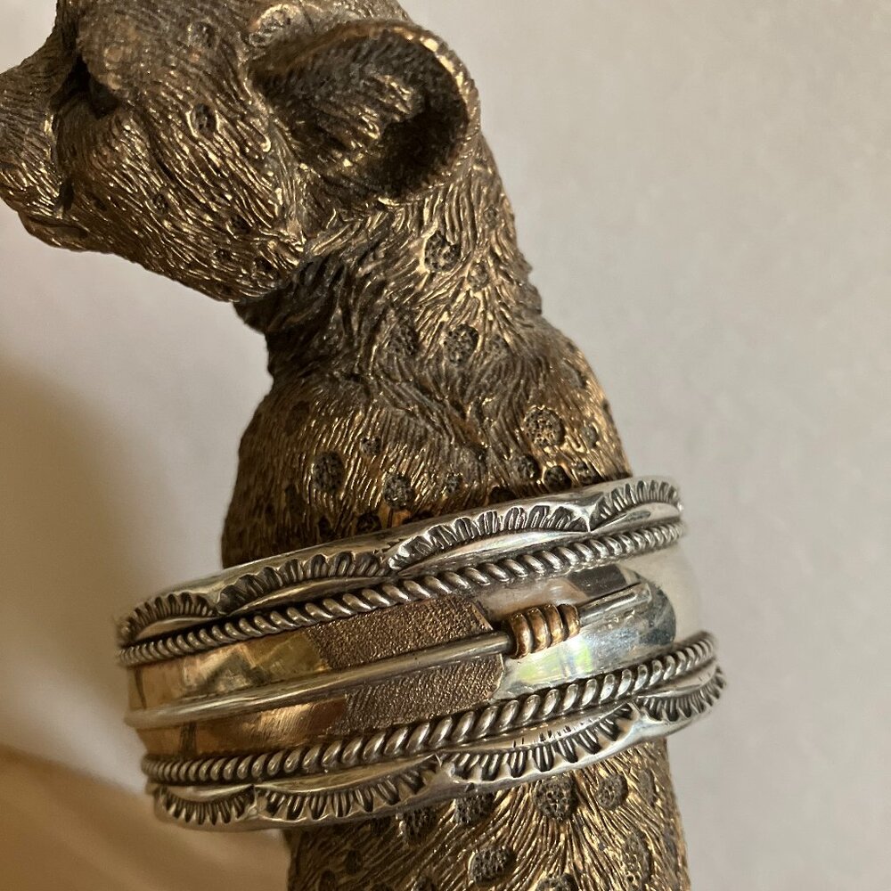 Vintage Earlier Navajo Sterling and 12K Gold Filled Feather Motif Stamped Cuff